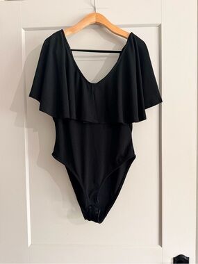Sharagano Black Off-Shoulder Ruffle Bodysuit